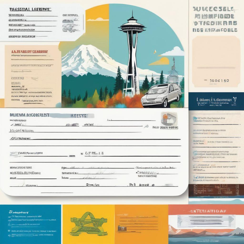 A detailed collage featuring a driver's license, vehicle registration card, and various DMV service items against a backdrop of the Washington state outline. Include iconic landmarks like the Space Needle and Mount Rainier, with diverse people engaging in DMV activities like applying for licenses and registering vehicles. Integrate symbols of efficiency and guidance, such as checklists and arrows leading to solutions. bright colors. vector art.