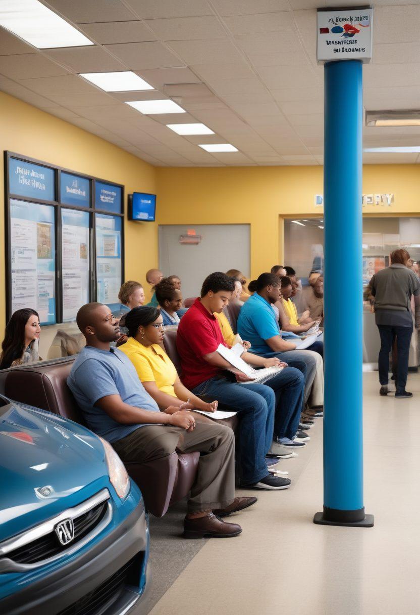 A bustling Washington DMV scene showcasing diverse individuals eagerly engaging in the driver licensing process. Include a bright and inviting waiting area with informational posters on vehicle registration, a friendly staff member assisting a customer, and cars parked outside suggesting a vehicle registration process. The atmosphere should feel encouraging and proactive, emphasizing the importance of mastering the road. vibrant colors. super-realistic.