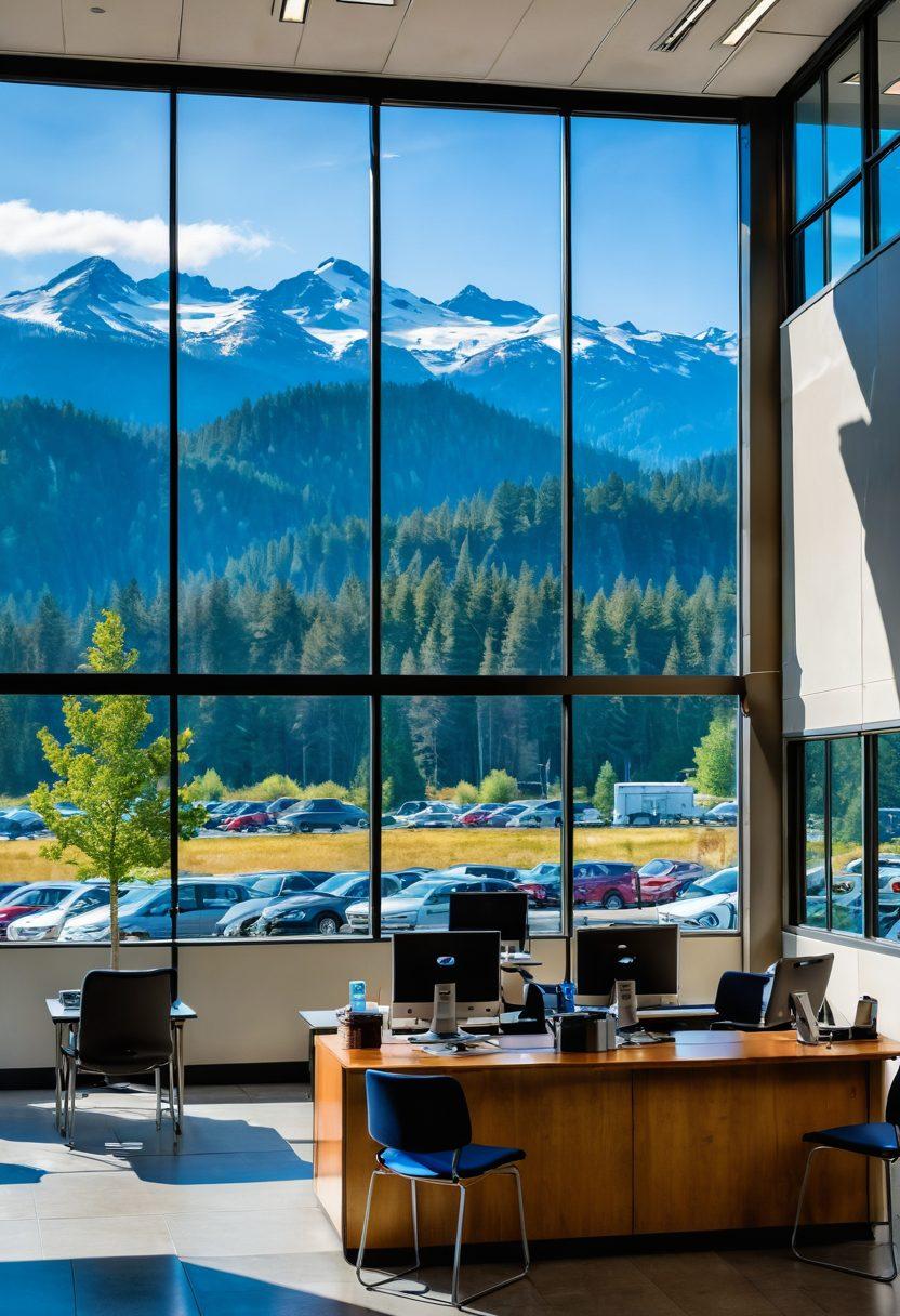 A panoramic view of a modern DMV office in Washington State, with people interacting with friendly staff, a clear sign indicating licensing and registration services, and elements like Washington State maps and car registration forms visible. Incorporate a backdrop of the Cascade Mountains through large windows, reflecting the state's natural beauty. The atmosphere should feel organized and welcoming. super-realistic. vibrant colors.